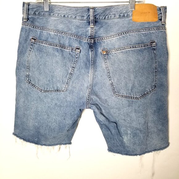 & Denim Blue Distressed Mens Sz 36 Ripped Button Fly Straight Fit Raw Hem Shorts - Picture 4 of 10